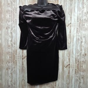 Sugar Lips Black Velvet Mini Dress Off the Shoulder Scalloped 3/4 Sleeve Large